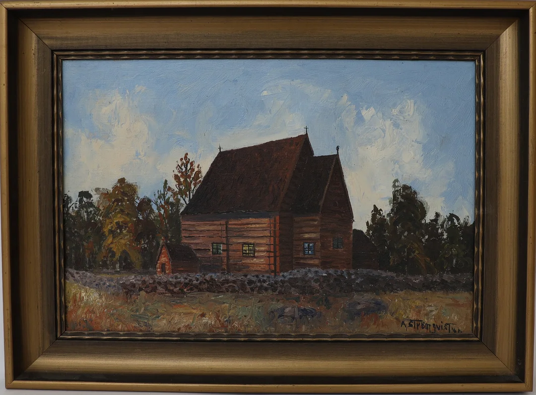 ARVID STRÖMQVIST. Skogsbild med kyrka, oljemålning på duk, signerad och otydligt daterad. — Paintings — Falun Auktionsbyrå