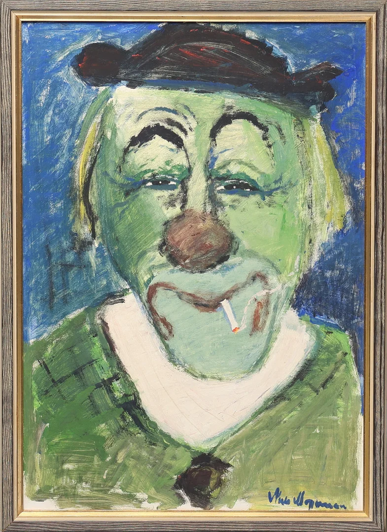 NIELS MOGENSEN. Akryl på pannå, rökande clown, signerad. — Paintings — Gomér & Andersson Jönköping