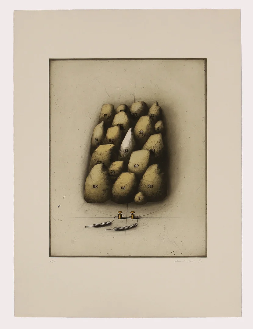 FRIEDRICH MECKSEPER. Färgetsning, komposition med numrerade objekt, numrerad 61/100 signerad, daterad 1976. — Engravings & Prints — Limhamns Auktionsbyrå