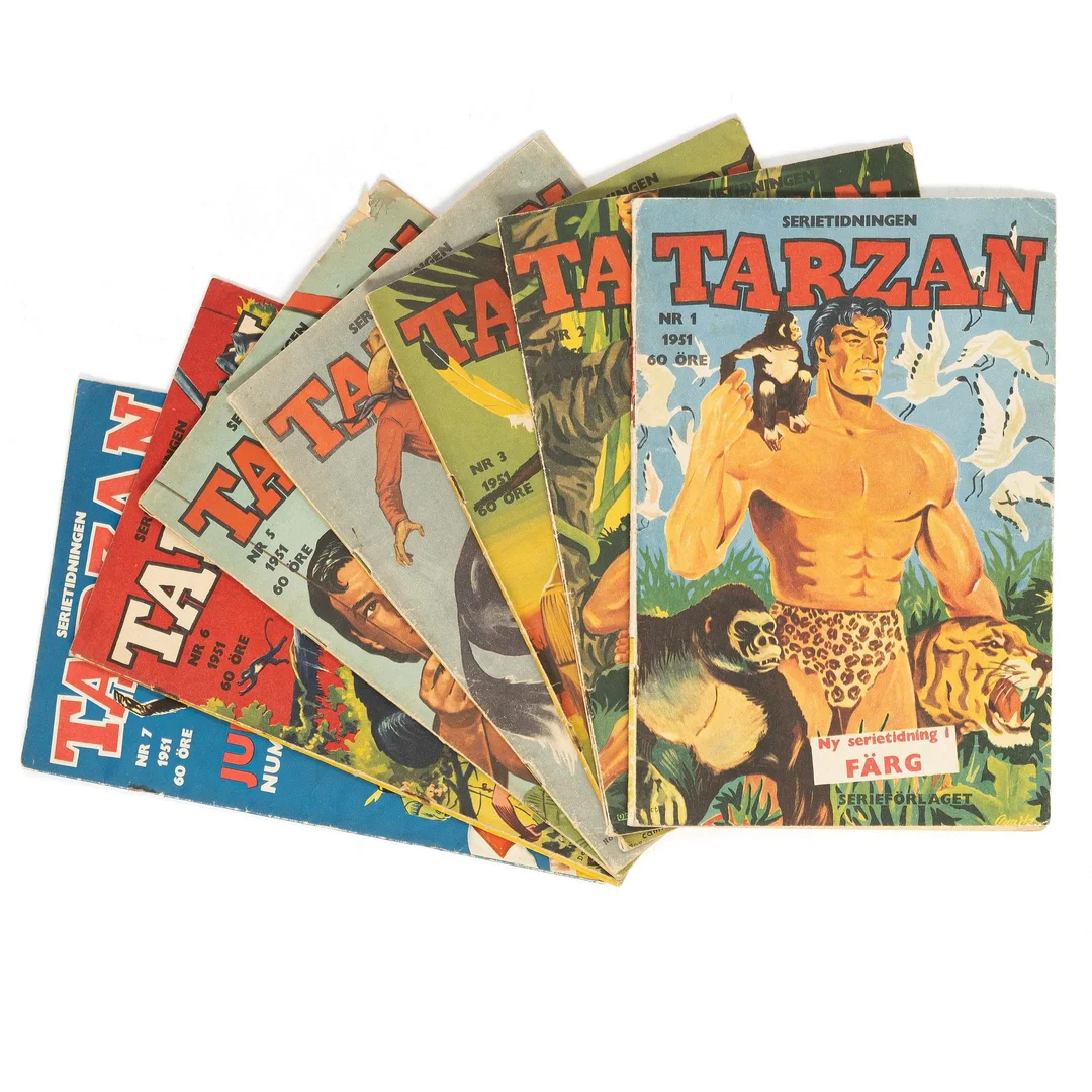 Serietidningar, "Tarzan", 7 st, 1951. — Samlarföremål/Övrigt — Bukowskis