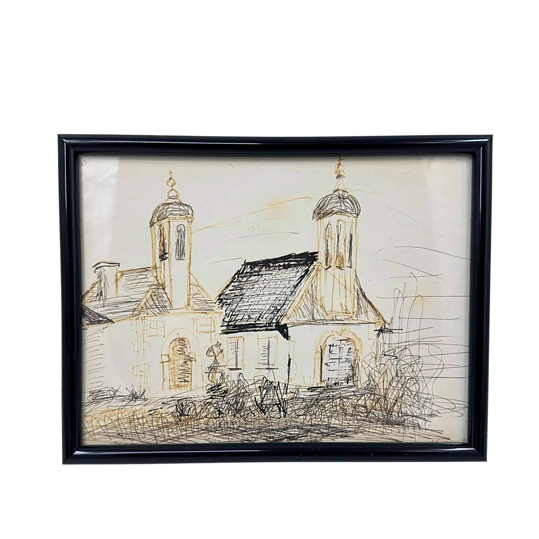 KIRMSE. TEILKOLORIERTE ZEICHNUNG VON EINER BAROCKEN KAPELLE MIT ZWIEBELTÜRMEN. — Engravings & Prints — Auktionshaus Stuber's Hammerschlag