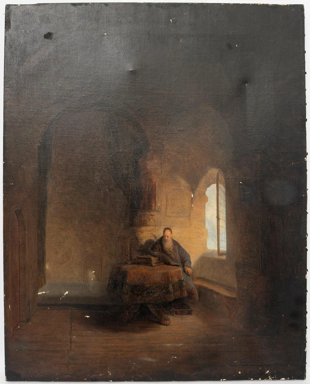 Hildegard Norberg, Interiör med munk vid fönster, efter Rembrandt, 1800-talets andra hälft. — Konst/Klassisk svensk konst — Bukowskis