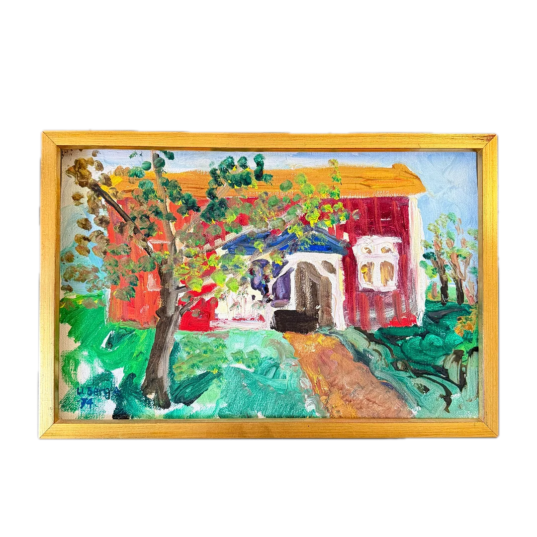 ULLA BERG-ANDERSSON. "Rött Hus" 1974. Olja på Pannå. — Paintings — Auktionshuset STO Bohuslän