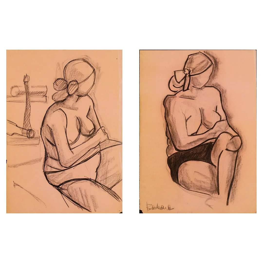 UBEKENDT KUNSTNER. To indrammede croquis modelstudier, kul på papir, signeret (2). — Drawings — Palsgaard Kunstauktioner