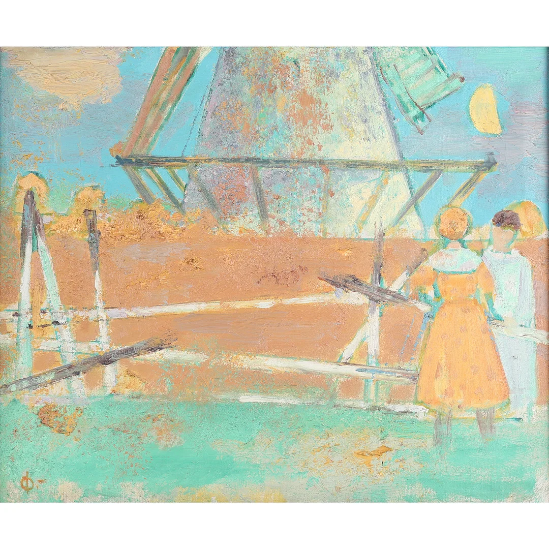 HANS ØLLGAARD (1911-1969). Komposition med figurer ved mølle, olie på lærred. — Paintings — Bidstrup Auktioner