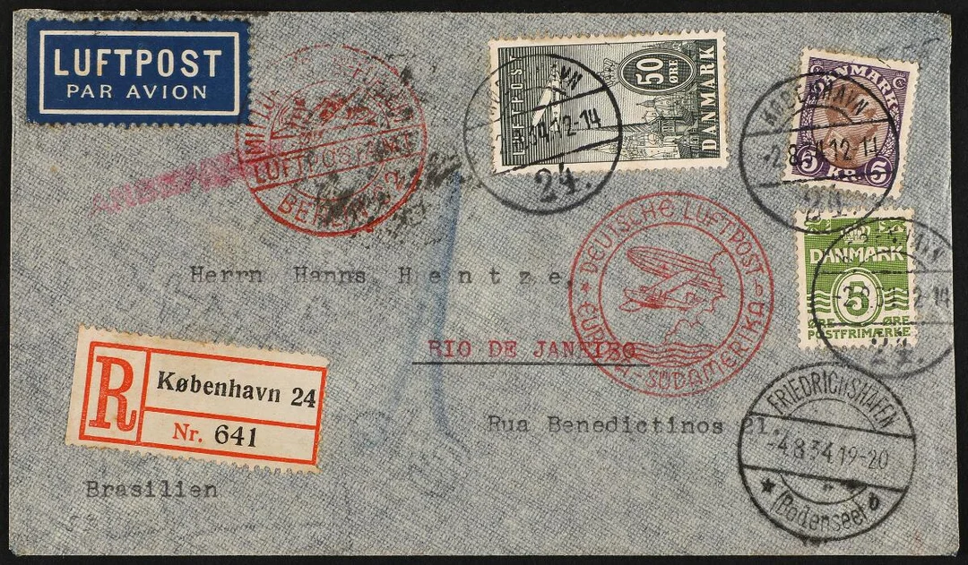 1927–1934. Christian X. 5 Kr. brown/violet, Air Mail. 50 Øre, grey and Numeral. 5 Øre, green. Colourful air mail cover from KØBENHAVN 2.8.34 to Rio de Janeiro — Stamps, Covers & Postal History/Denmark/Bogtryk — Bruun Rasmussen