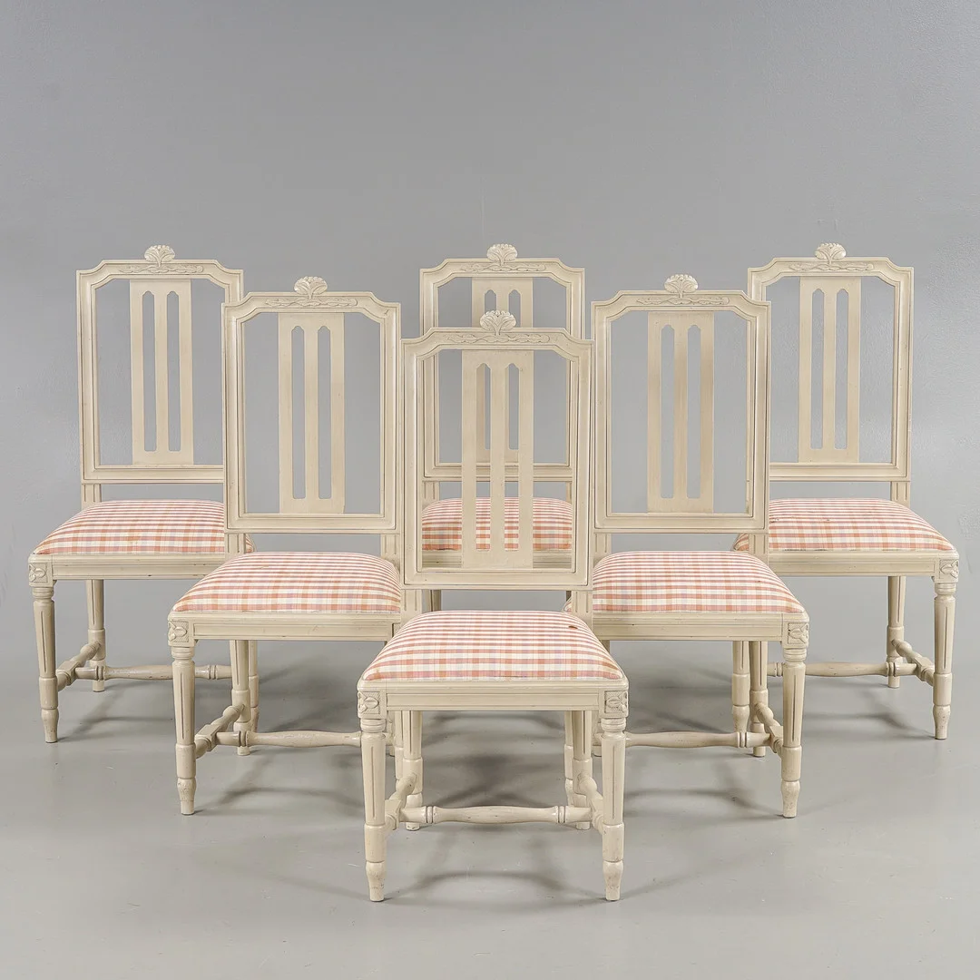 STOLAR 6 stycken "Druvan" Gustaviansk stil, Åmells Möbler, 1900-talets andra hälft. — Armchairs & Chairs — Karlstad Hammarö Auktionsverk