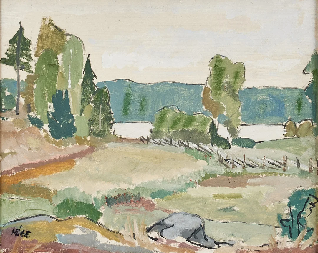 WILHELM KÅGE. Utsikt mot sjö, landskapsmotiv, signerad KÅGE, olja på pannå. — Paintings — Stockholms Auktionsverk Magasin 5