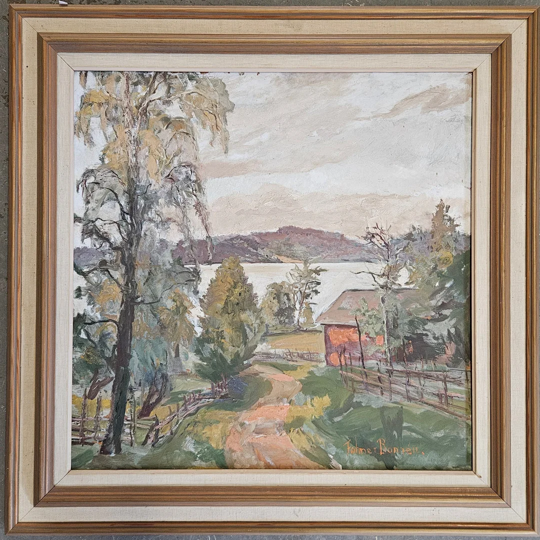 FOLMER BONNÉN. Landskap med hus och sjö. Olja på pannå, signerad Folmer Bonnén. — Paintings — Auktionshuset Thörner & Ek