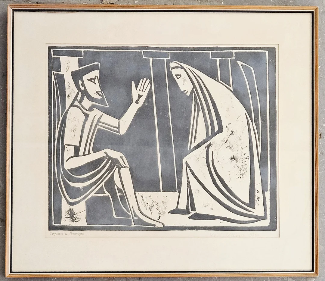 KARL KLEIN. "Odyssevs & Penelope". Träsnitt, signerad Karl Klein och daterad 1952. — Engravings & Prints — Auktionshuset Thörner & Ek