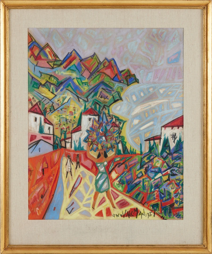 UNO VALLMAN. Bergslandskap med by i förgrunden, pastell, signerad och daterad 1957. — Paintings — Stockholms Auktionsverk Magasin 5