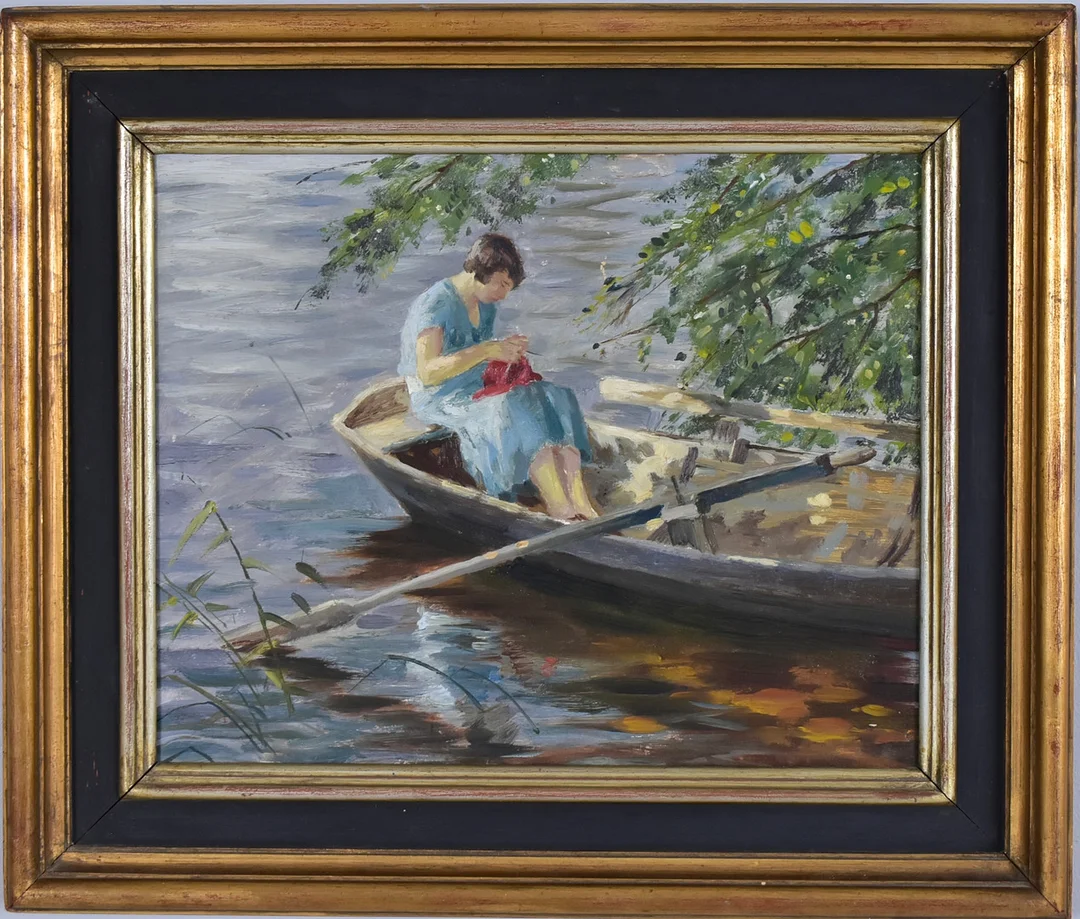 OKÄND KONSTNÄR. oljemålning på duk, kvinna i eka. — Paintings — Halmstads Auktionskammare