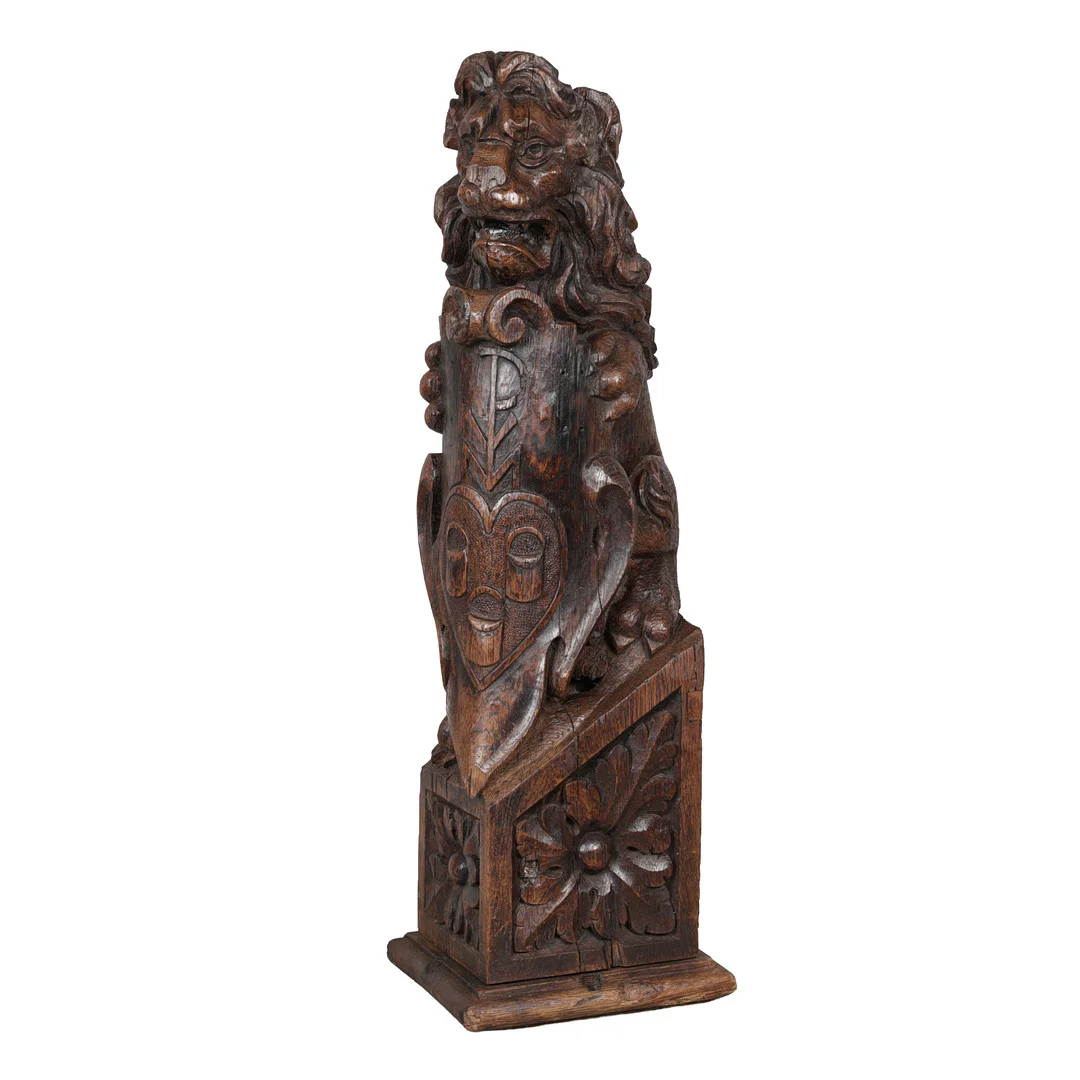A GOOD EARLY 17TH CENTURY CARVED OAK LION NEWEL POST. — Other — Bishop & Miller