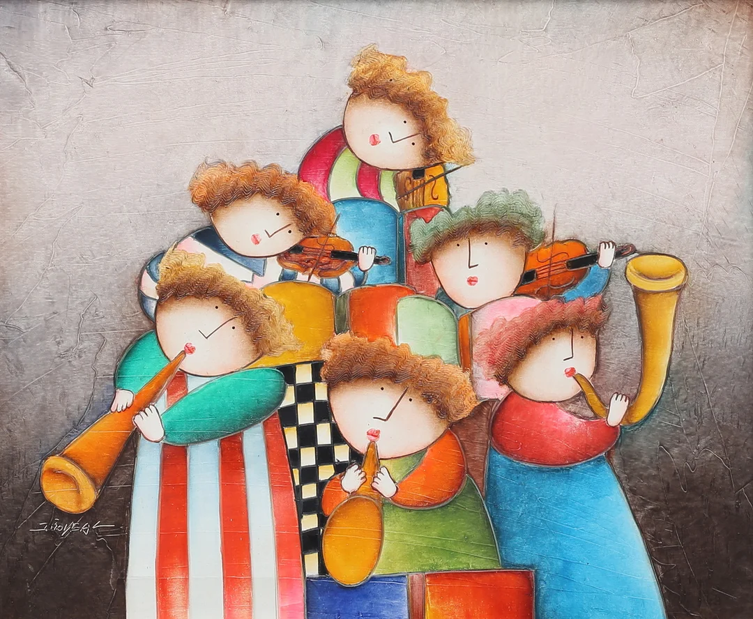 JOYCE ROYBAL. Orkester. Olja på duk, signerad. — Paintings — Auktionshuset Thelin & Johansson