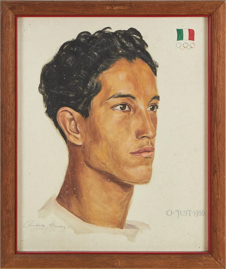 OSKAR JUST. Porträtt av Andres Gomez Dominguez Mexiko (1913-1991), olja på duk, uppfordrad på pannå, signerad och daterad O. Just 1936, målad i samband med Olympiska Spelen i Berlin 1936. — Paintings — Stockholms Auktionsverk Magasin 5