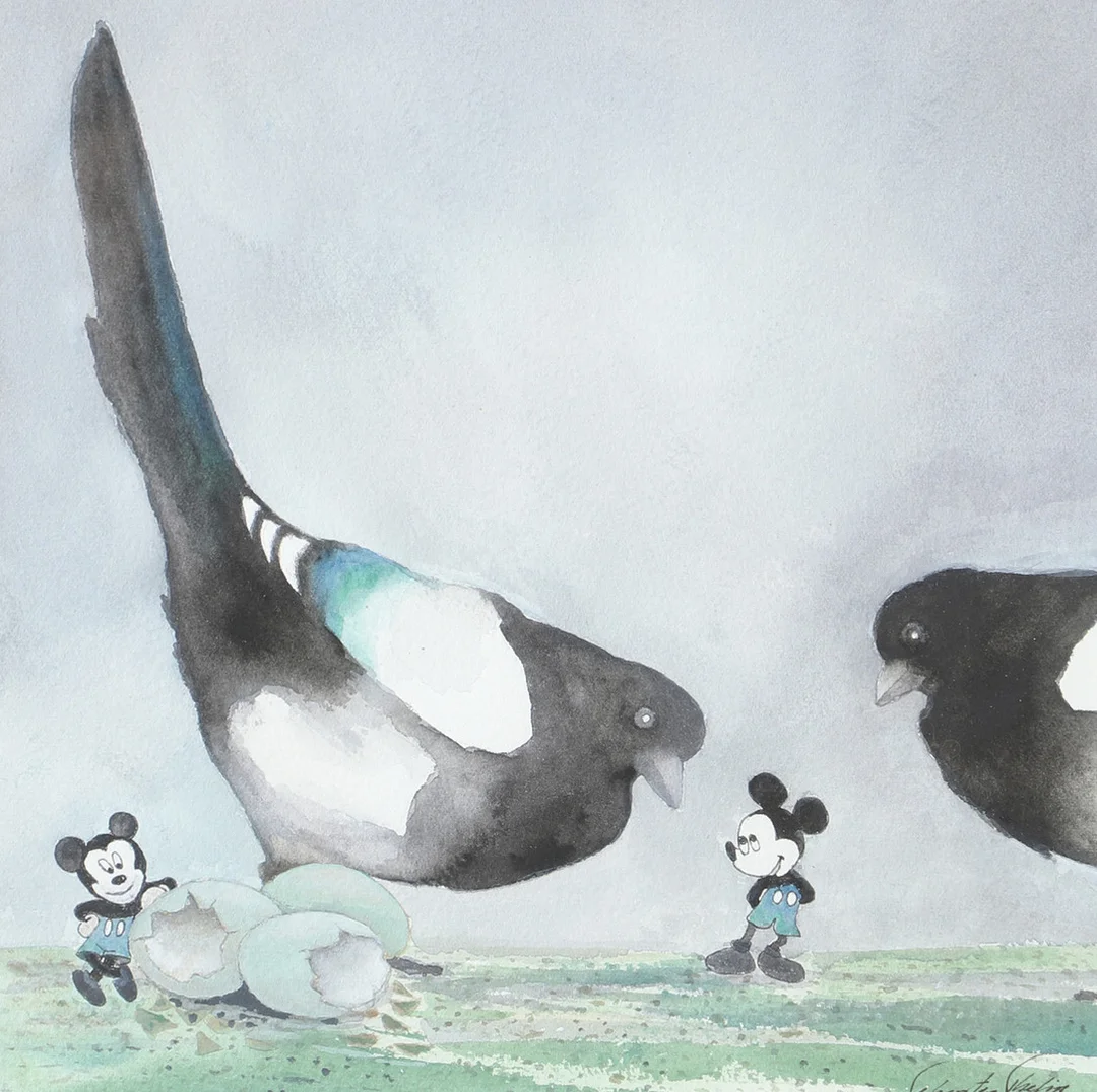 THORSTEN THELIN. Fåglar och möss, akvarell, signerad. — Paintings — Helsingborgs Auktionskammare