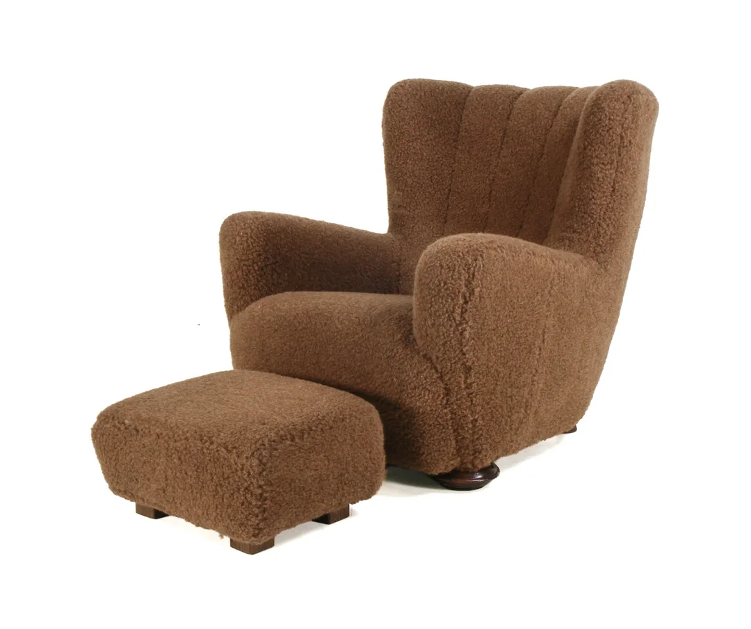 Danish furniture manufacturer. Armchair and stool, newly upholstered (2) — Furniture/Lounge chairs — Lauritz