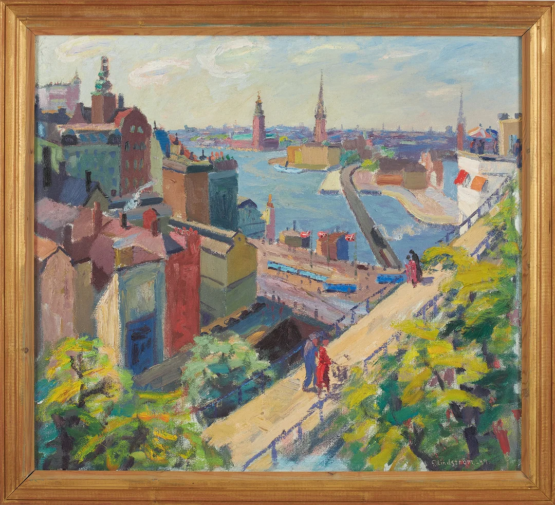 GEORG LINDSTRÖM. Stockholmsmotiv, olja på pannå, signerad G Lindström. — Paintings — Stockholms Auktionsverk Sickla