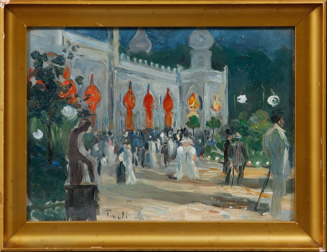 INGEBORG WESTFELT-EGGERTZ. "Tivoliafton i Köpenhamn", olja pannå, signerad. — Paintings — Göteborgs Auktionsverk