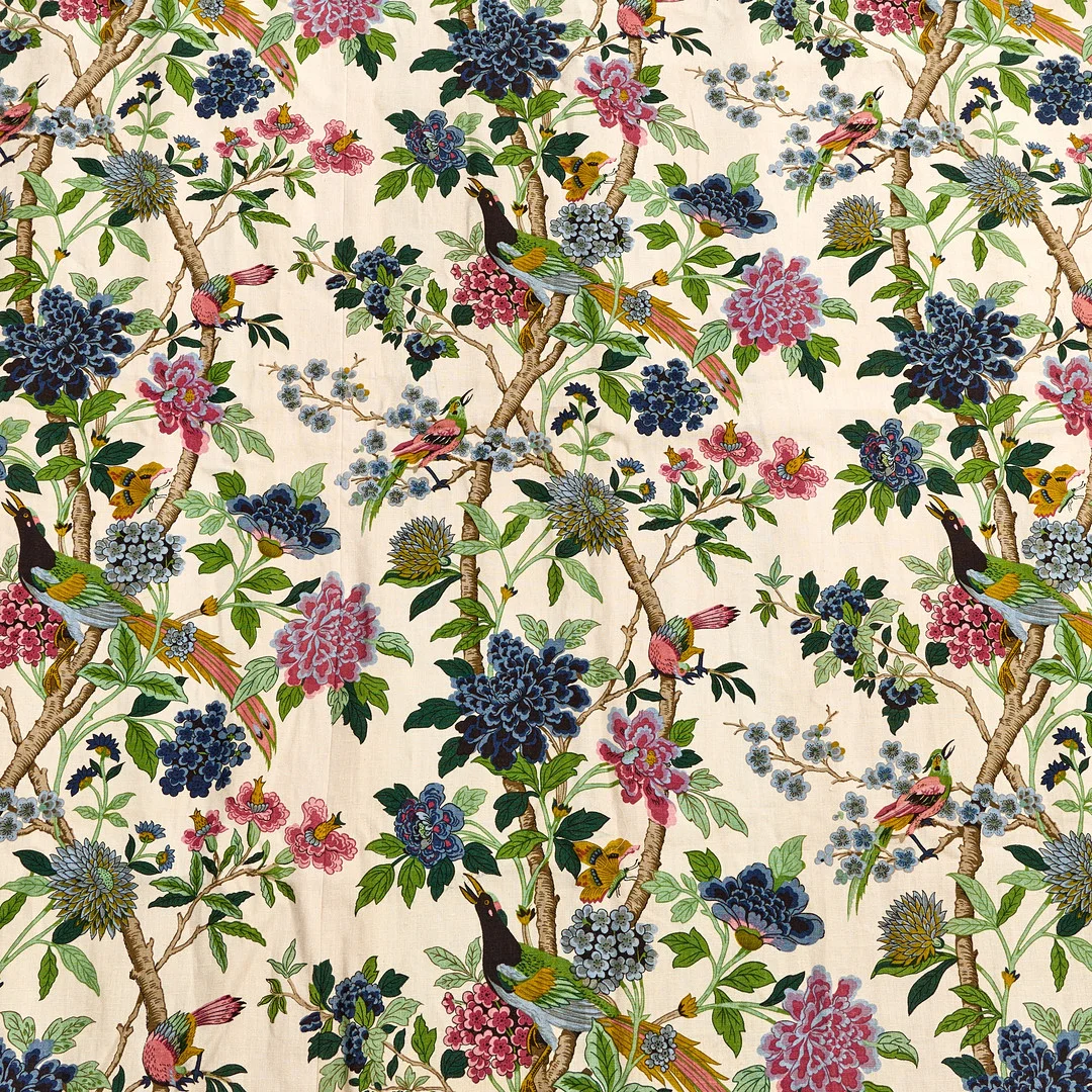 GP & J BAKER, "Hydrangea Bird", gardinlängder, 2 st., linne, 1900-talets slut. — Textiles — Crafoord Auktioner Stockholm