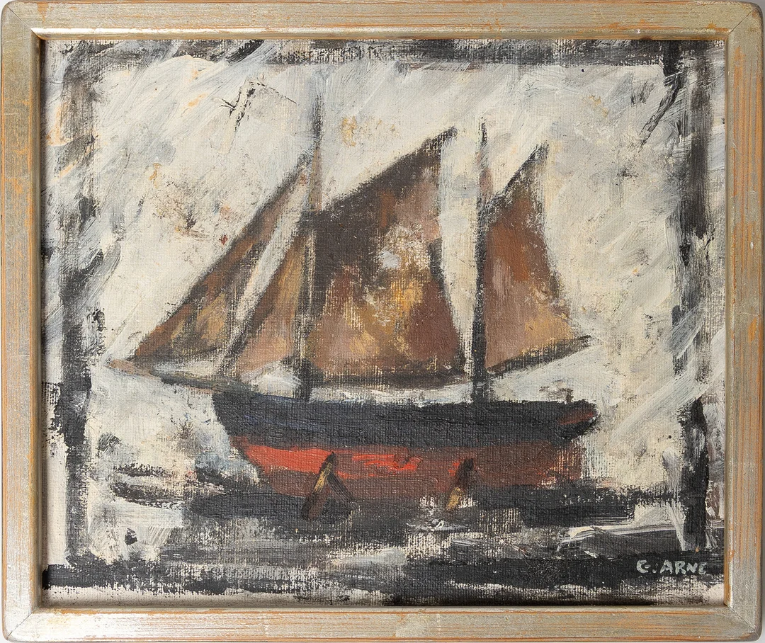 GUSTAV ARNE. "Skutan Ingeborg, 1998 Höganäs", olja på pannå, signerad. — Paintings — Stockholms Auktionsverk Helsingborg