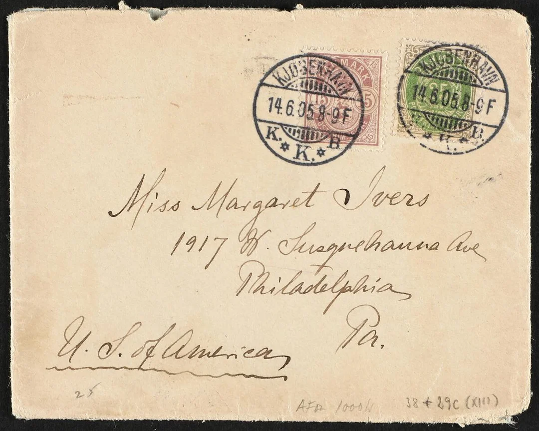 1902. 25 øre, 13.print and 15 øre, lilac on 2.rate cover to US — Stamps, Covers & Postal History/Denmark/2-farv., 12 3/4, vm.III — Bruun Rasmussen