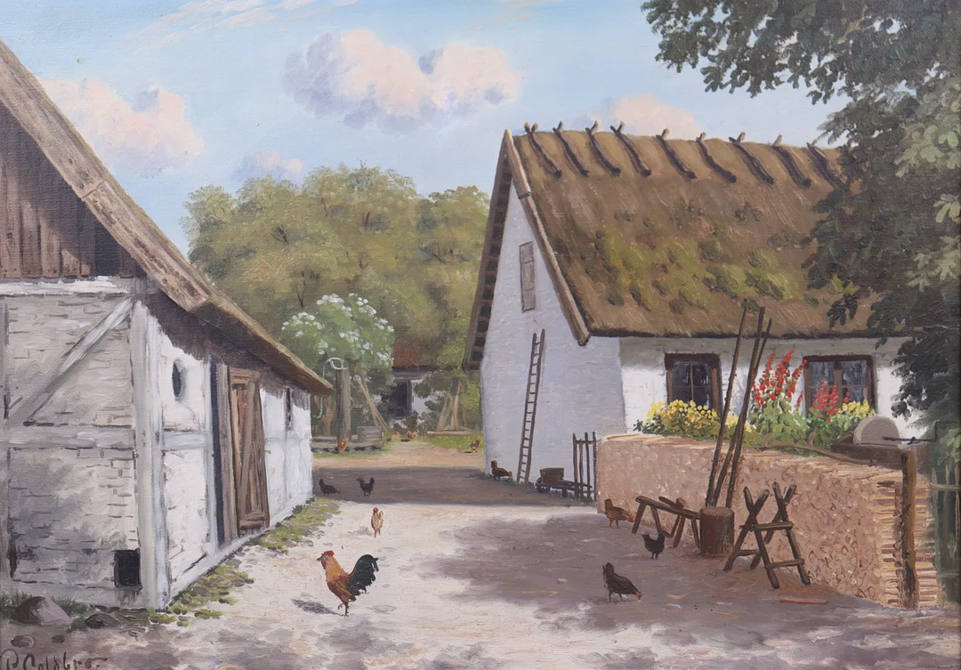olja på duk, skånegård med höns. — Paintings — Markus Auktioner