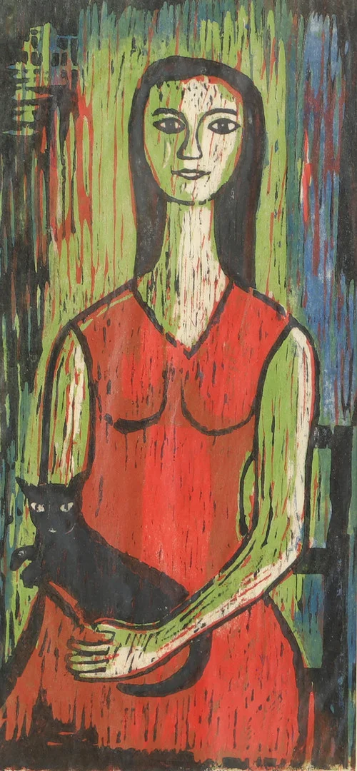 OIDENTIFIERAD KONSTNÄR. Kvinna med katt, träsnitt, signerad Lindqvist. — Engravings & Prints — Helsingborgs Auktionskammare