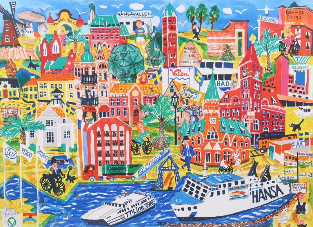 GUNILLA MANN. litografi, "Trelleborg, porten mot kontinenten". — Engravings & Prints — Markus Auktioner