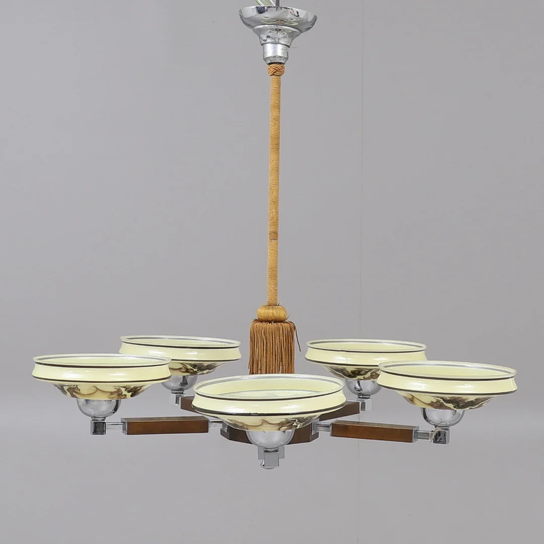 Taklampa, trä, metall och glas, 1930-tal. — Ceiling lights — RA Auktionsverket Norrköping