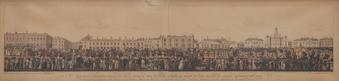 ETSNING OCH AKVATINT, "HIS MOST GRACIOUS MAJESTY, KING GEORGE THE FOURTH, GOING IN STATE TO THE HOUSE OF PEERS, JANUARY 23RD 1821" UTGIVEN AV GEORGE HUMPHREY. — Engravings & Prints — Crafoord Auktioner Lund