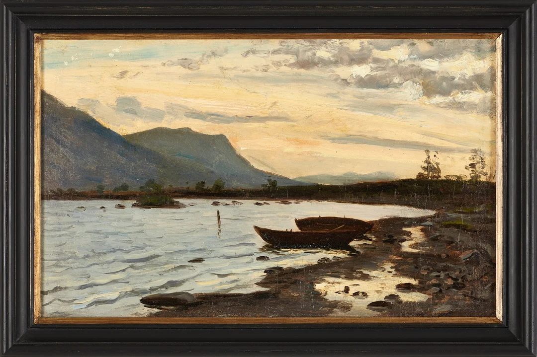 EDWARD ROSENBERG. (Sverige, 1858–1934), tillskriven, Fjäll i aftonrodnad - nordiskt ljus, olja på duk ställd på pannå. — Paintings — Crafoord Auktioner Stockholm