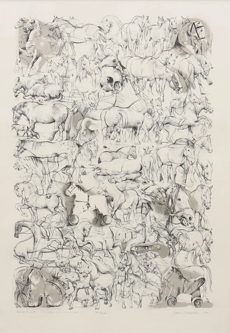 JANERIC JOHANSSON. litografi, "70 hästar", provtryck, signerad, daterad 1979. — Engravings & Prints — Auktionsmagasinet Vänersborg