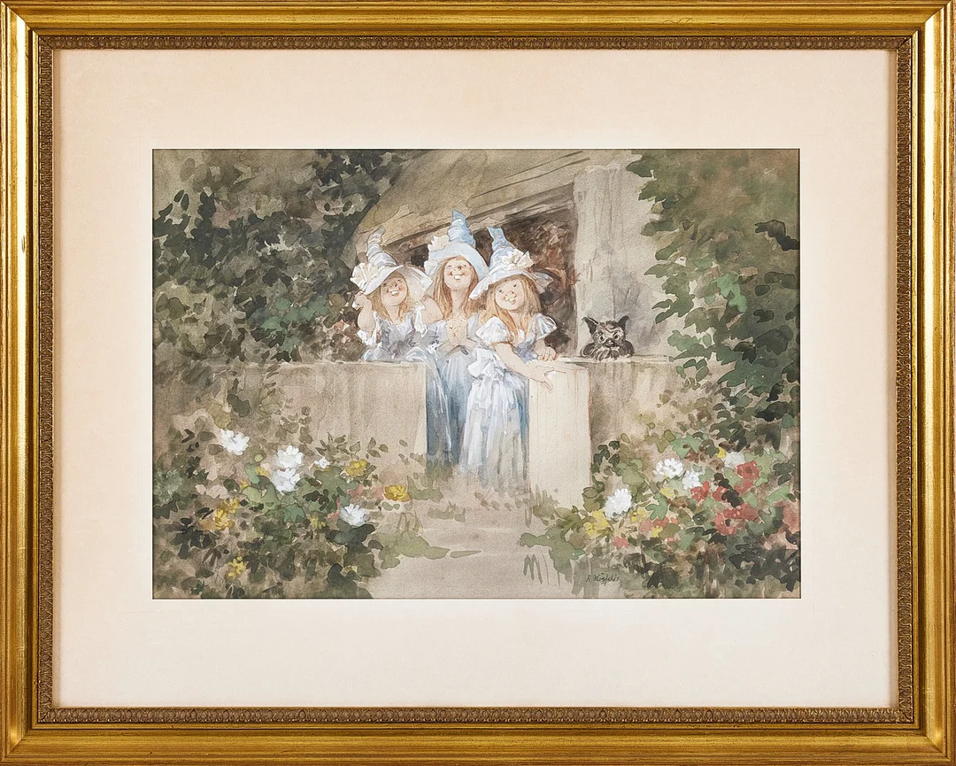 ROBERT HÖGFELDT. Tre flickor, akvarell, signerad. — Paintings — Stockholms Auktionsverk Magasin 5