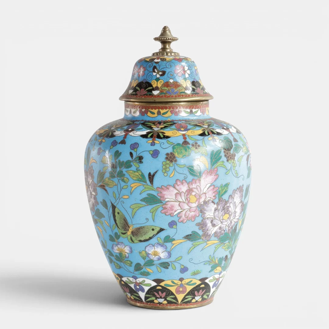 Japansk lågvase af Cloisonné, dekoreret med blomster og bladværk. Japan, 20. årh. — Cloisonné — Woxholt Auktionshus