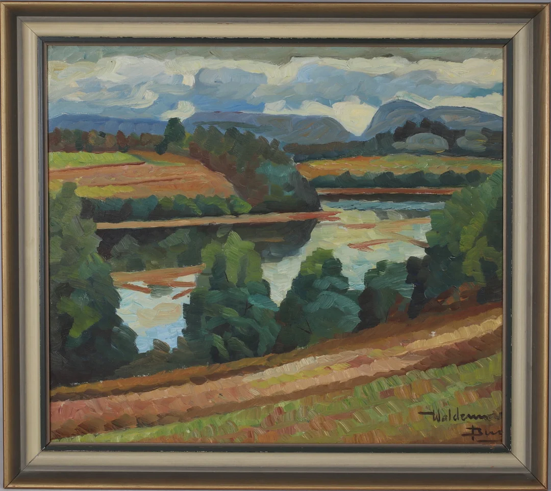 WALDMAR BERG. Älvlandskap, olja på duk, signerad. — Paintings — Stadsauktion Sundsvall