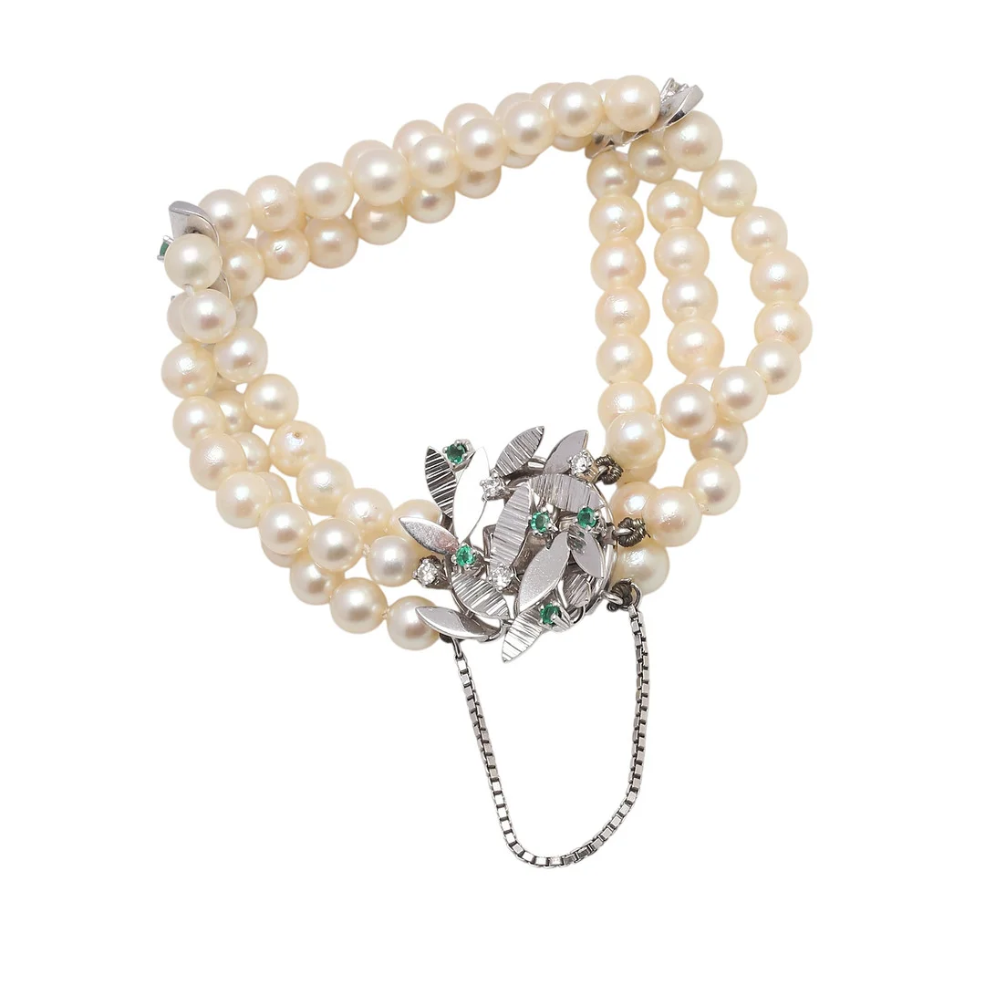 Three-strand pearls bracelet with a gold and gemstones clasp. — Bracelets — Balclis