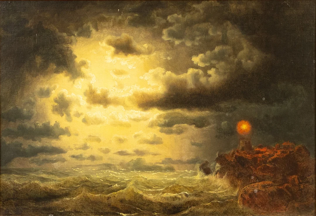 MARCUS LARSON. Olja på uppfodrad duk, motiv med fyr på stenhällar i nattljus, signerad. — Paintings — Karljohan Auktioner
