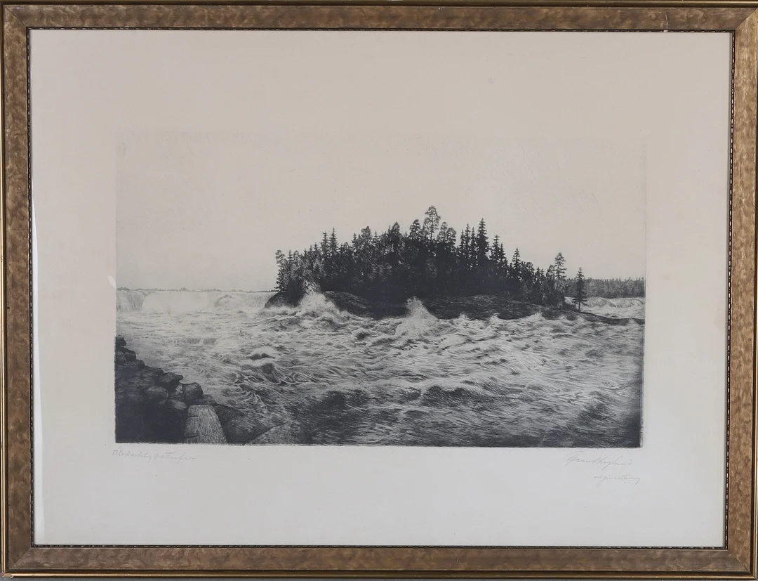 JEAN SKOGLUND. Etsning, "Älvekarleby vattenfall", signerad. — Engravings & Prints — Gomér & Andersson Norrköping