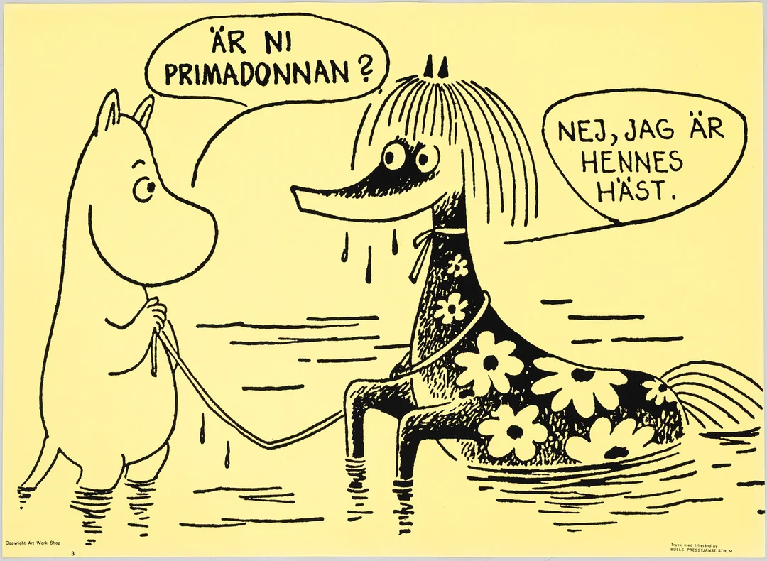 TOVE JANSSON. Efter. Mumin, "Är ni primadonnan? Nej, jag är hennes häst", Bull's Presstjänst, nr 3, Art Work Shop, 1960-tal. — Engravings & Prints — Auktionshuset Kolonn