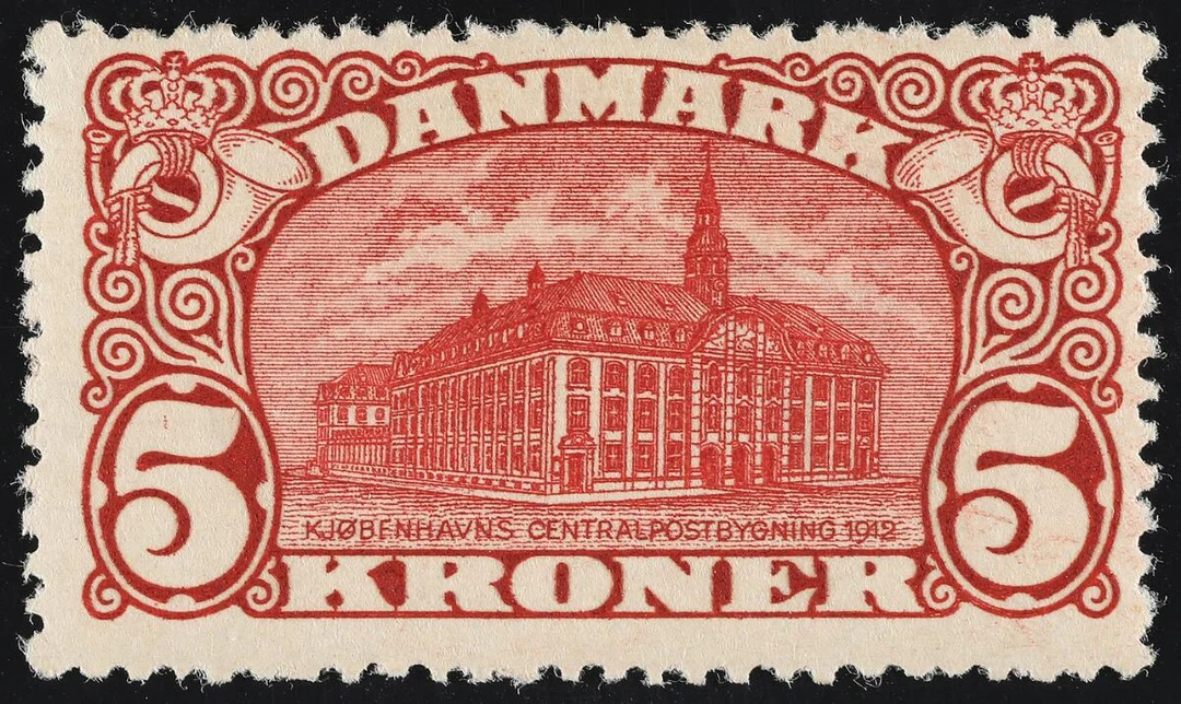1912. General Post Office. 5 Kr. brown red. Perf. 12 3/4, wmk. Crown. Variety KJØBFNHAVN. Fine mint stamp with almost invisible hinge mark. Cert. Kaiser — Stamps, Covers & Postal History/Denmark/Bogtryk — Bruun Rasmussen