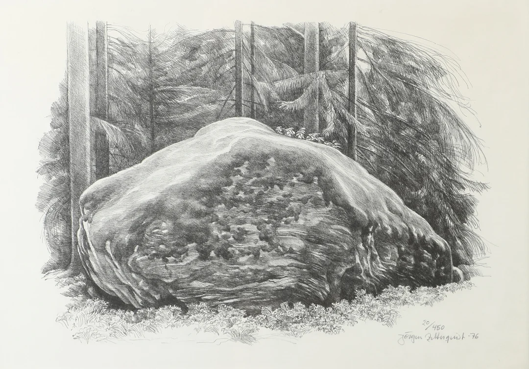 JÖRGEN ZETTERQUIST. Landskap med sten, litografi, signerad -76. — Engravings & Prints — Helsingborgs Auktionskammare