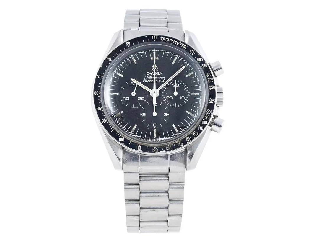 OMEGA, Speedmaster Professional (T Swiss Made T), "Tachymetre", Cal 861, Serie nr. 39925546, Ref nr. ST 145.022, Boett nr. 145.022-76 ST (HF), kronograf, herrur, 42 mm, stål, manuell, plexiglas, originallänk, viklås, Ref nr. 1171/633, ca 1979. — Klockor/Omega — Kaplans