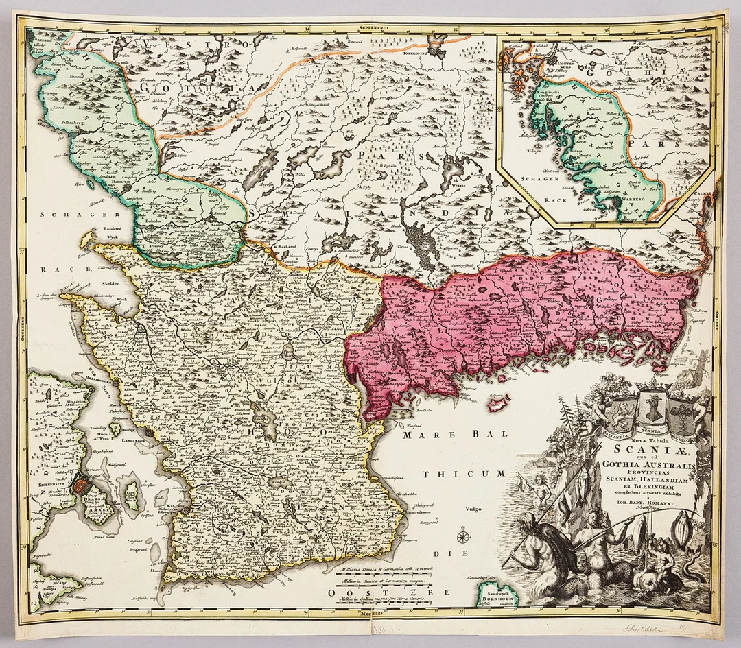KARTA SKÅNE AV HOMANN, ca 1730. — Maps — Stockholms Auktionsverk Magasin 5