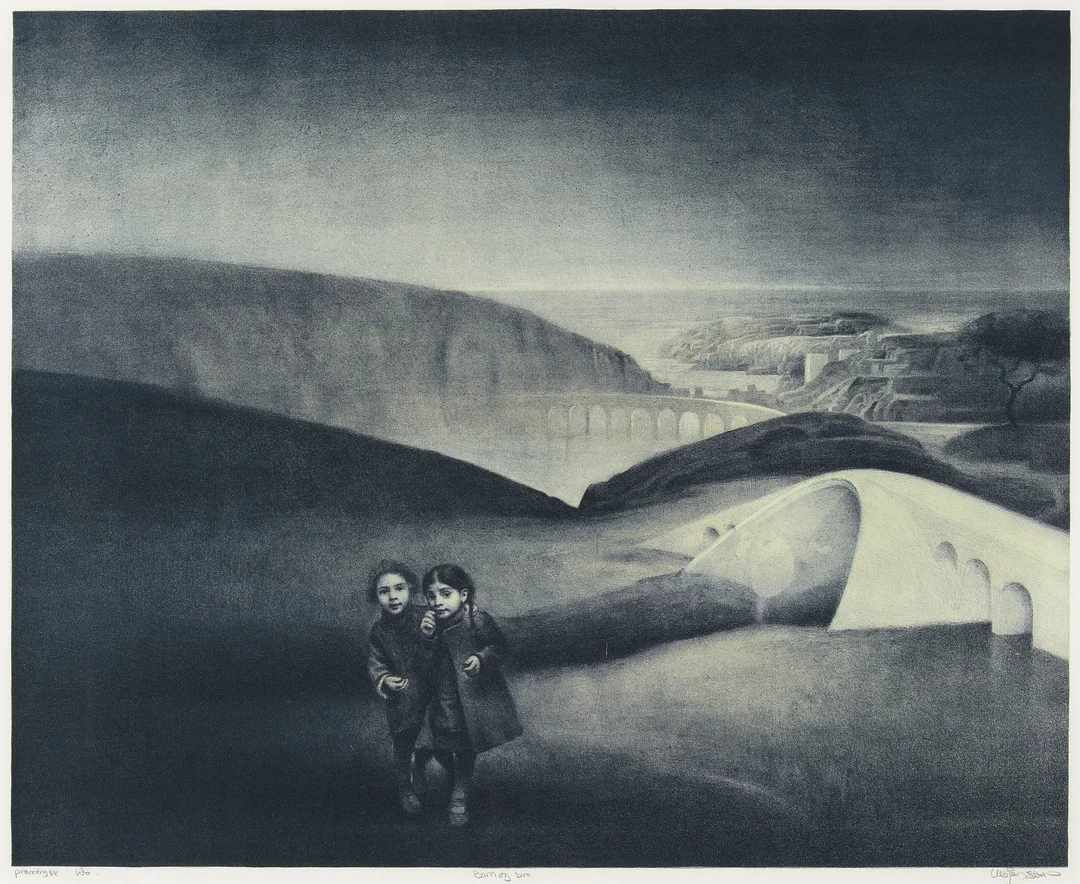 Sand, Vebjørn — "Barn og bro" — Kunst/Grafikk — Blomqvist