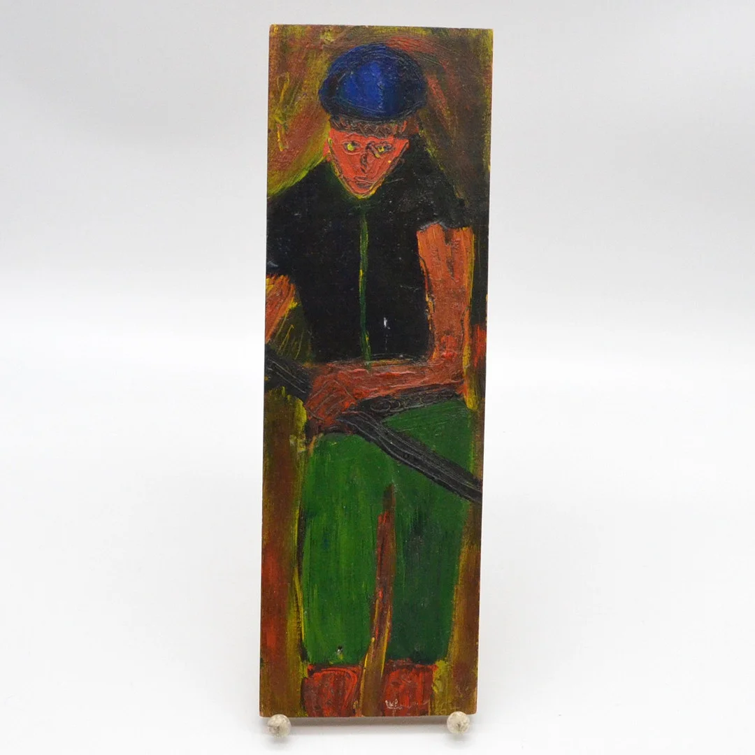 GEMÄLDE AUF HOLZPLATTE, MANN MIT WAFFE, UNBEKANNTER KÜNSTLER, DATIERT 04.11.1964. — Paintings — Kunst- und Auktionshaus Kleinhenz