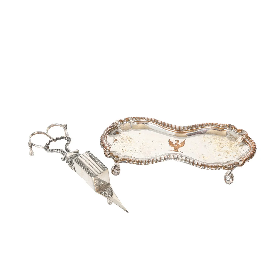 A PAIR OF GEORGE III SHEFFIELD PLATE CANDLE SNUFFERS TOGETHER WITH A TRAY (2). — Silver — Bishop & Miller