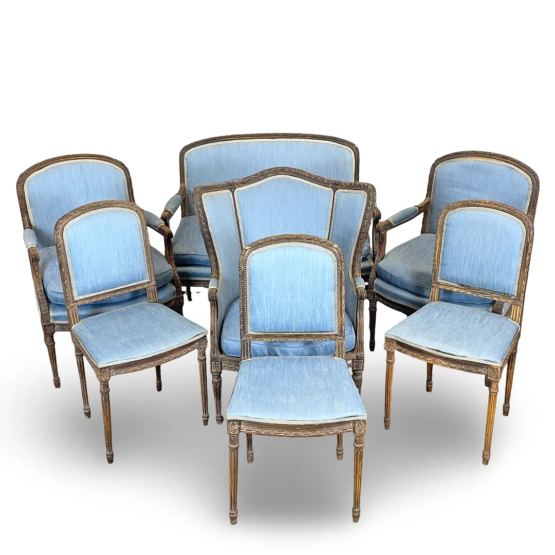 SALONGSGRUPP, 7 delar, 1800-talets andra hälft, Gustaviansk stil, Proveniens har stått hos Jarl Kulle. — Sofas & Seatings — Roslagens Auktionsverk