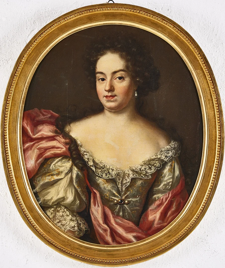 OIDENTIFIERAD KONSTNÄR. Porträtt föreställande Catharina Elisabet von Sack (1640–1705), f. Kurck, olja på duk, oval. — Paintings — Stockholms Auktionsverk Magasin 5