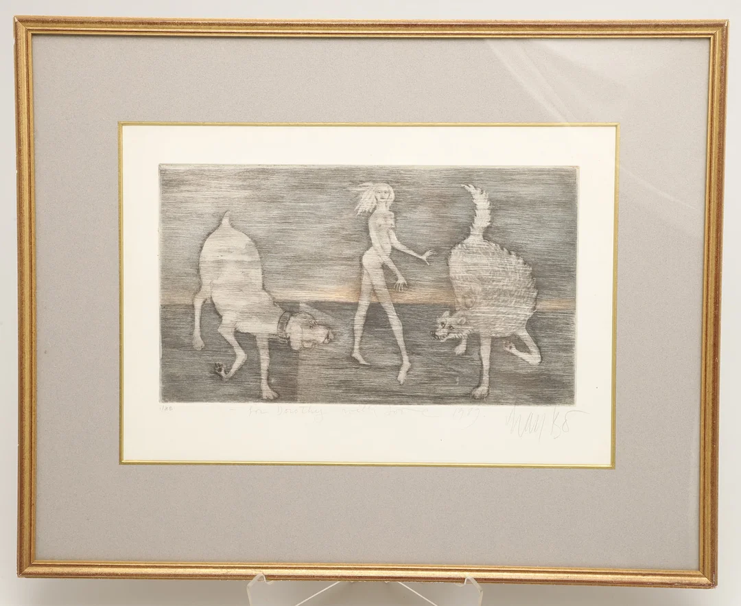 20TH CENTURY ENGLISH SCHOOL. STANDING FEMALE NUDE WITH HOUND AND WOLF. — Engravings & Prints — Lawrences Auctioneers